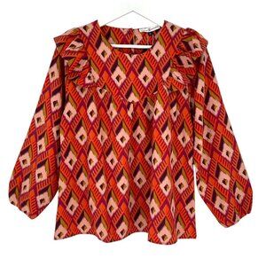 Michelle McDowell Women's Kacey Top Ruffle Detail L/S Colorful Ikat Size M NWT